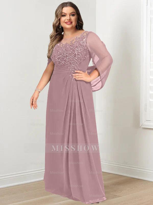 Plus Size Floor-Length Mother of the Bride A-Line Dress with Scoop Neckline Pleats and Sequins
