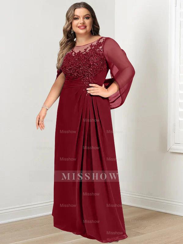 Plus Size Floor-Length Mother of the Bride A-Line Dress with Scoop Neckline Pleats and Sequins