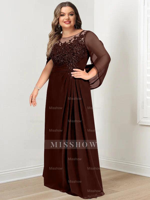 Plus Size Floor-Length Mother of the Bride A-Line Dress with Scoop Neckline Pleats and Sequins