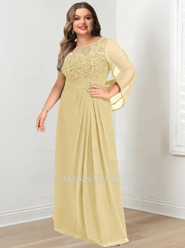 Plus Size Floor-Length Mother of the Bride A-Line Dress with Scoop Neckline Pleats and Sequins
