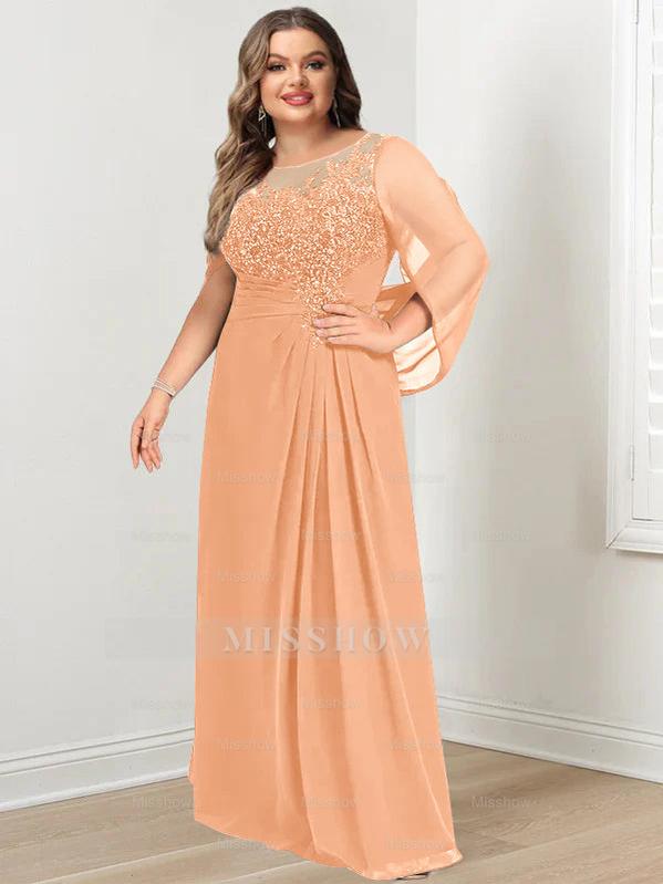 Plus Size Floor-Length Mother of the Bride A-Line Dress with Scoop Neckline Pleats and Sequins