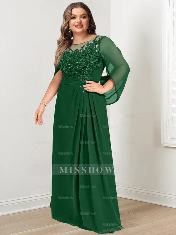 Plus Size Floor-Length Mother of the Bride A-Line Dress with Scoop Neckline Pleats and Sequins