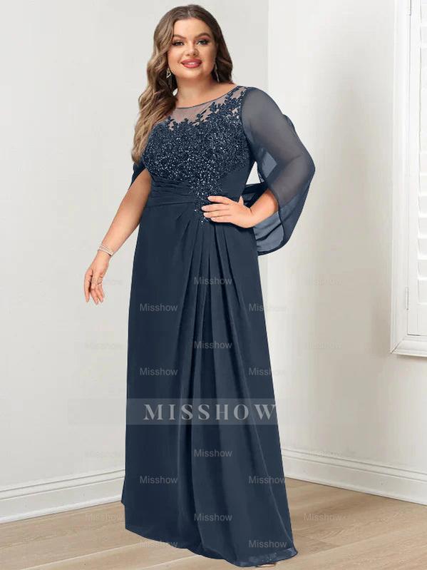 Plus Size Floor-Length Mother of the Bride A-Line Dress with Scoop Neckline Pleats and Sequins