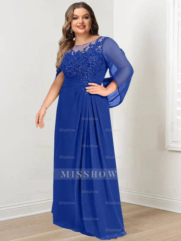 Plus Size Floor-Length Mother of the Bride A-Line Dress with Scoop Neckline Pleats and Sequins