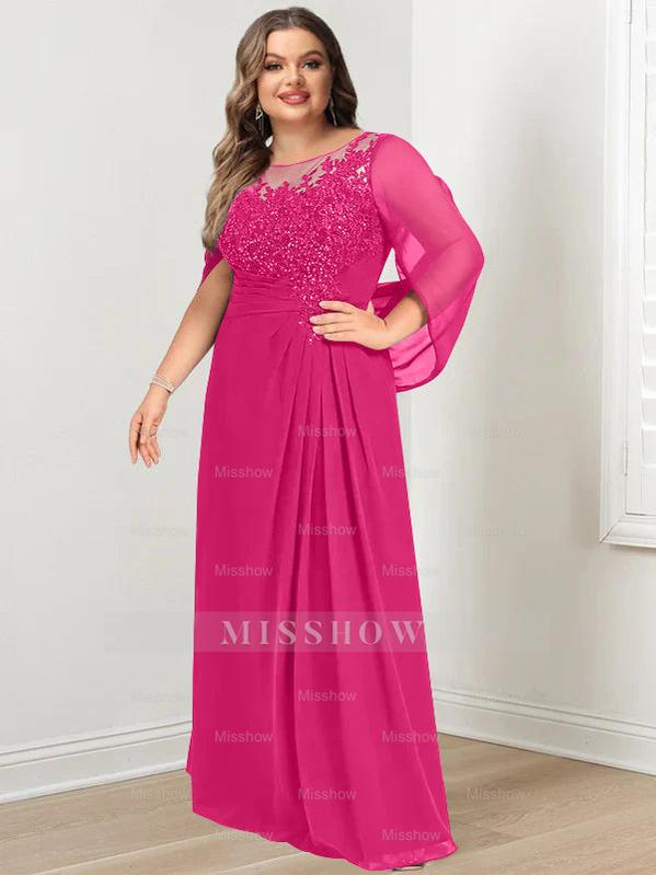 Plus Size Floor-Length Mother of the Bride A-Line Dress with Scoop Neckline Pleats and Sequins