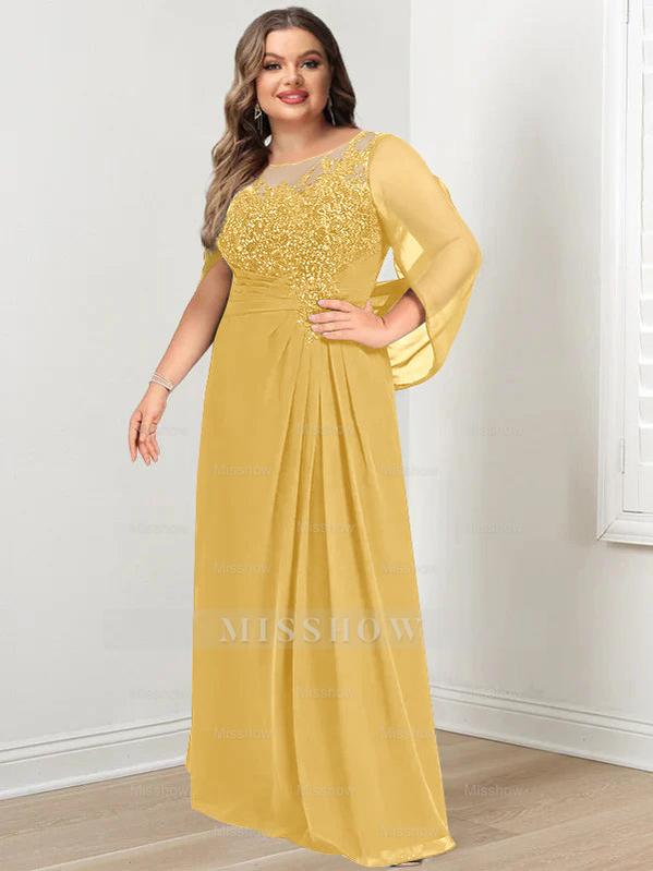 Plus Size Floor-Length Mother of the Bride A-Line Dress with Scoop Neckline Pleats and Sequins