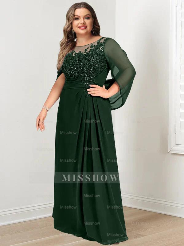 Plus Size Floor-Length Mother of the Bride A-Line Dress with Scoop Neckline Pleats and Sequins