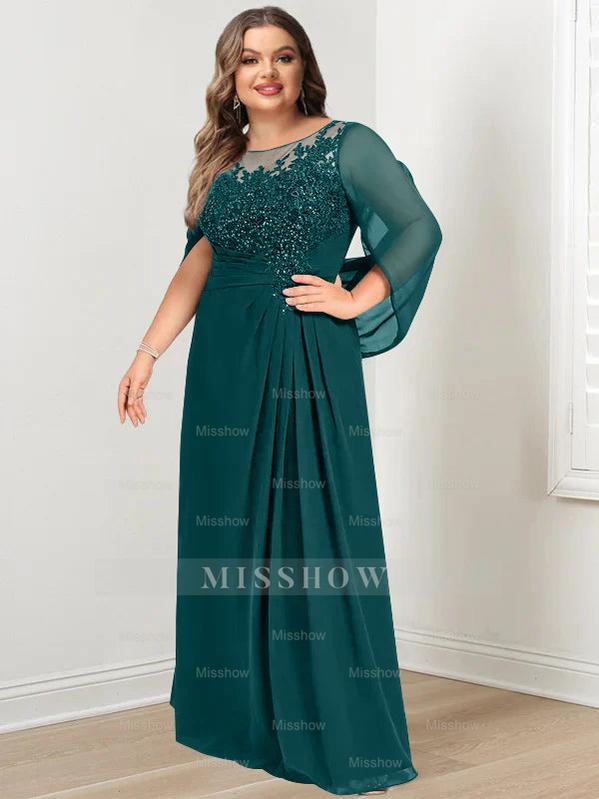 Plus Size Floor-Length Mother of the Bride A-Line Dress with Scoop Neckline Pleats and Sequins