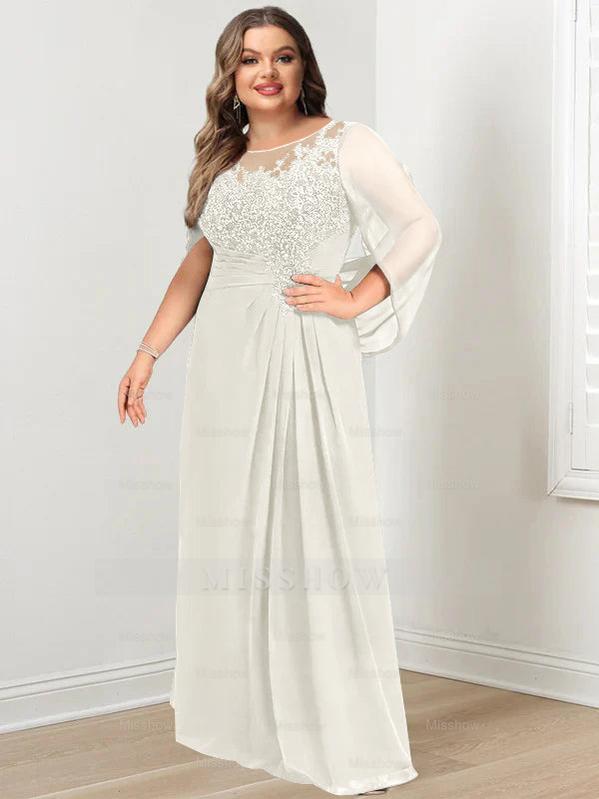 Plus Size Floor-Length Mother of the Bride A-Line Dress with Scoop Neckline Pleats and Sequins