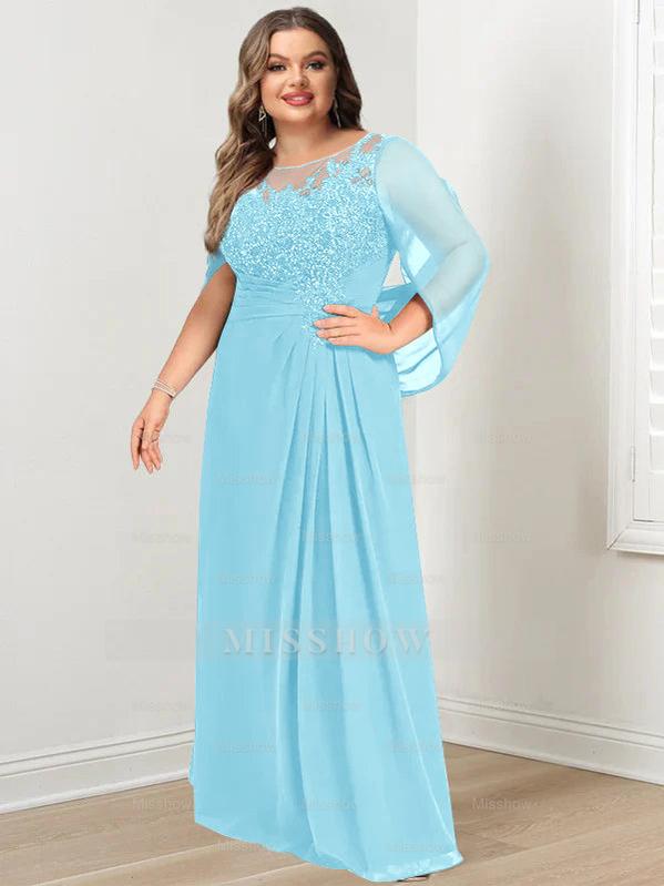Plus Size Floor-Length Mother of the Bride A-Line Dress with Scoop Neckline Pleats and Sequins