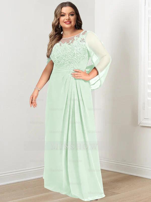 Plus Size Floor-Length Mother of the Bride A-Line Dress with Scoop Neckline Pleats and Sequins