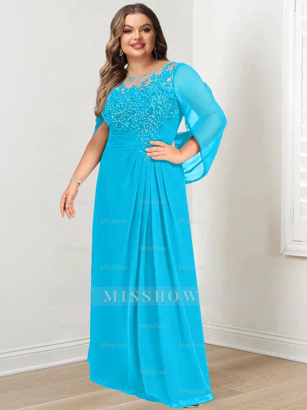 Plus Size Floor-Length Mother of the Bride A-Line Dress with Scoop Neckline Pleats and Sequins