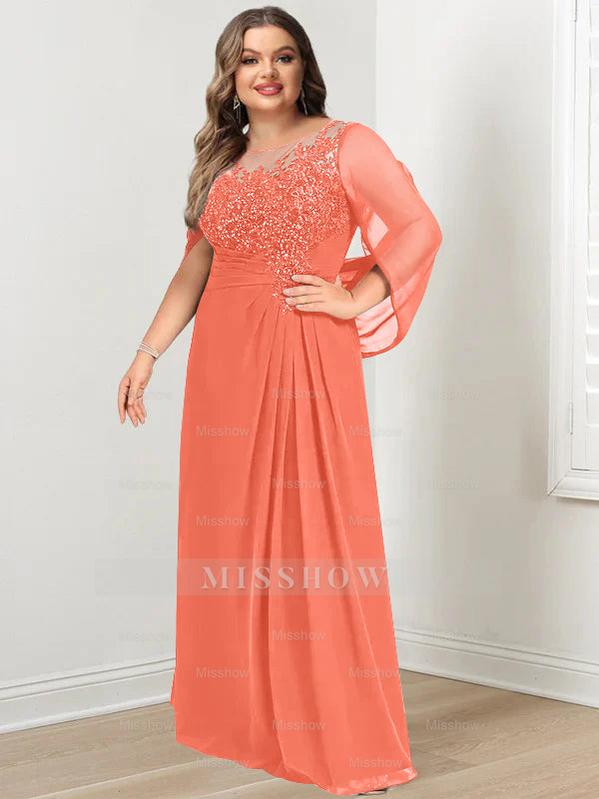 Plus Size Floor-Length Mother of the Bride A-Line Dress with Scoop Neckline Pleats and Sequins