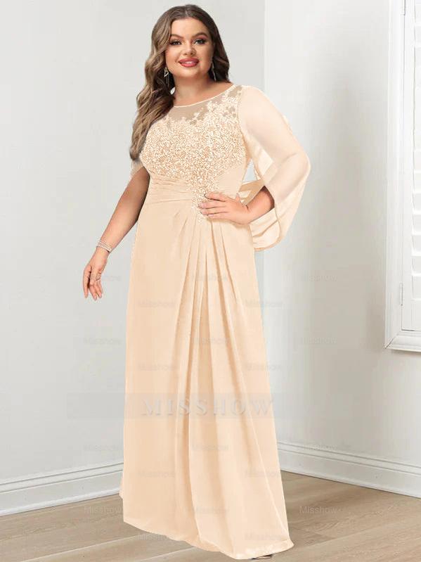 Plus Size Floor-Length Mother of the Bride A-Line Dress with Scoop Neckline Pleats and Sequins