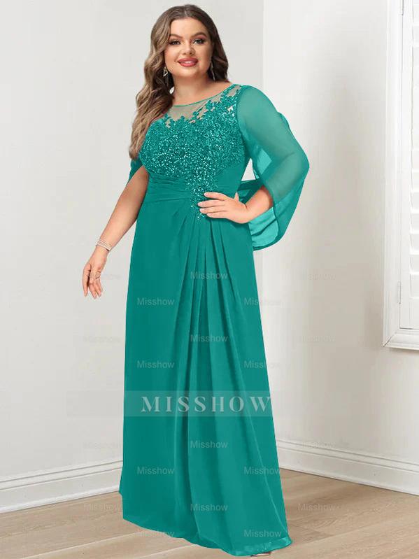 Plus Size Floor-Length Mother of the Bride A-Line Dress with Scoop Neckline Pleats and Sequins