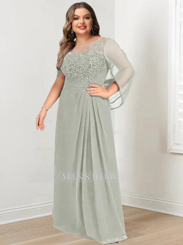 Plus Size Floor-Length Mother of the Bride A-Line Dress with Scoop Neckline Pleats and Sequins