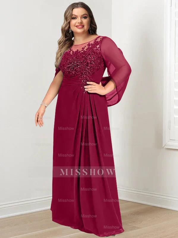 Plus Size Floor-Length Mother of the Bride A-Line Dress with Scoop Neckline Pleats and Sequins