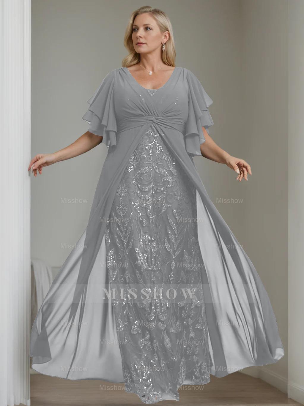 Plus Size Floor-Length Mother of the Bride A-Line Dress with V-Neck and Half Sleeves