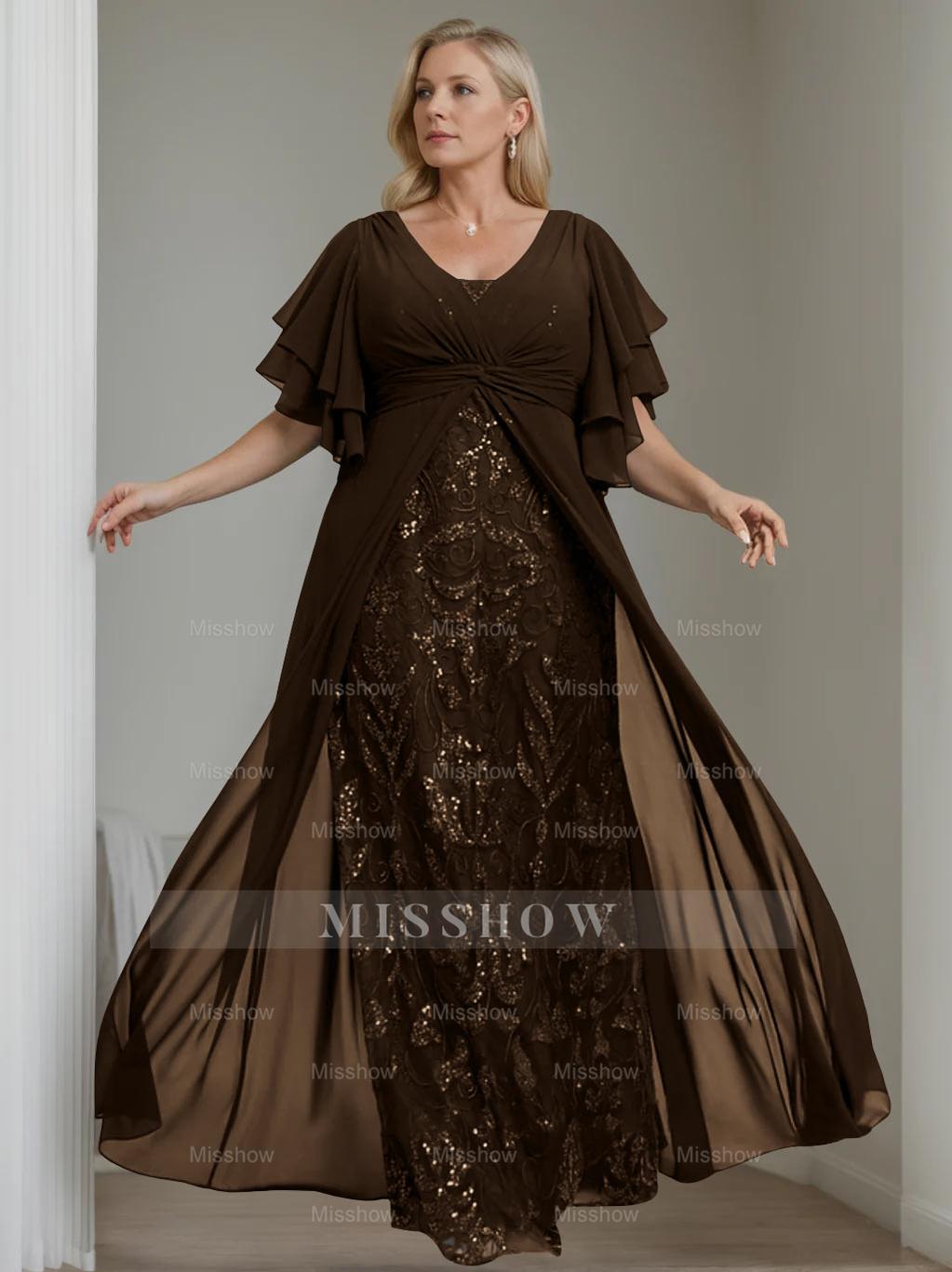 Plus Size Floor-Length Mother of the Bride A-Line Dress with V-Neck and Half Sleeves