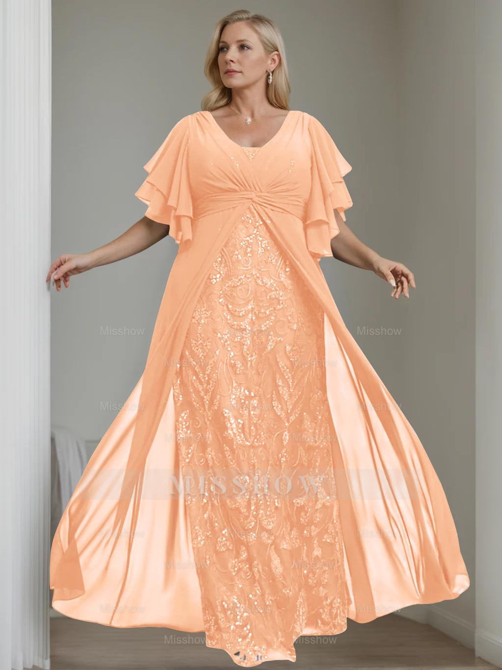 Plus Size Floor-Length Mother of the Bride A-Line Dress with V-Neck and Half Sleeves