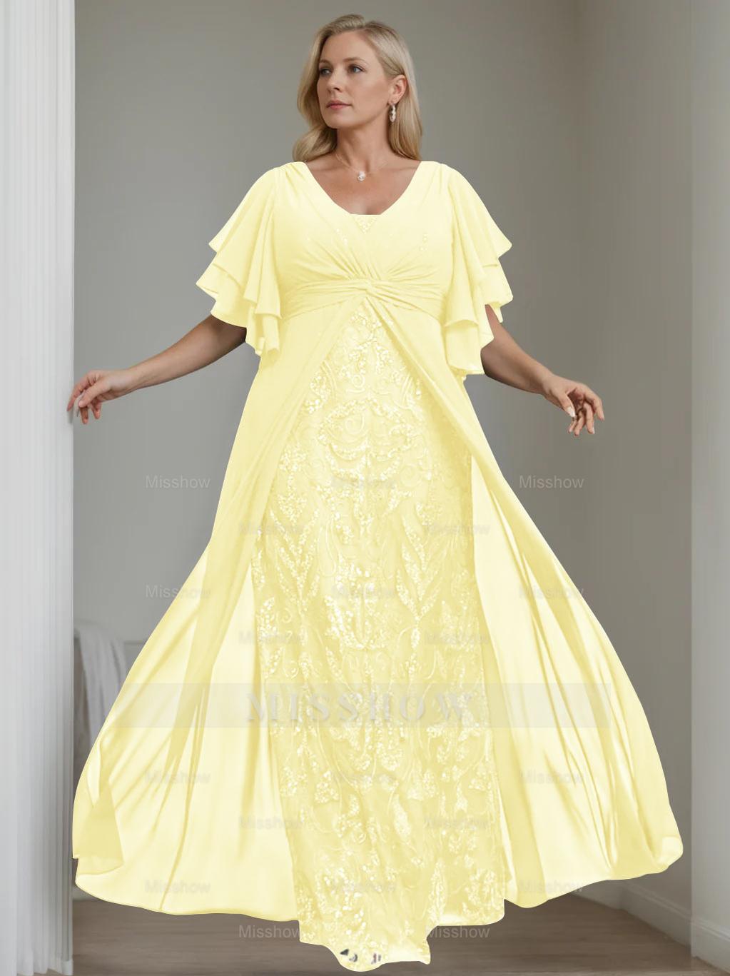 Plus Size Floor-Length Mother of the Bride A-Line Dress with V-Neck and Half Sleeves