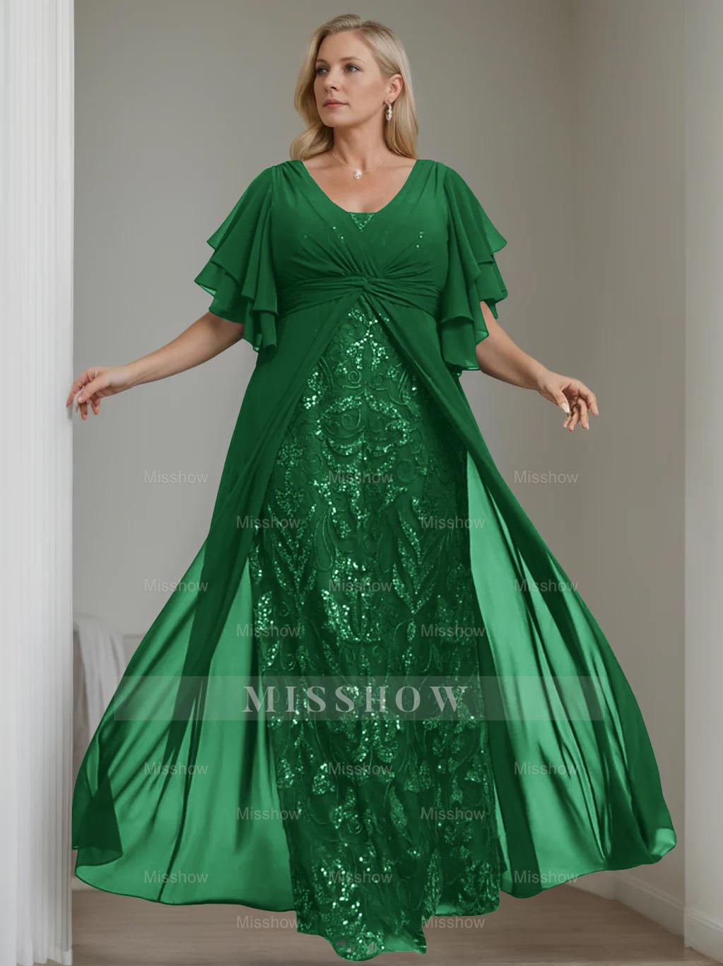 Plus Size Floor-Length Mother of the Bride A-Line Dress with V-Neck and Half Sleeves