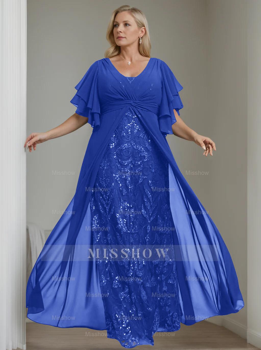 Plus Size Floor-Length Mother of the Bride A-Line Dress with V-Neck and Half Sleeves