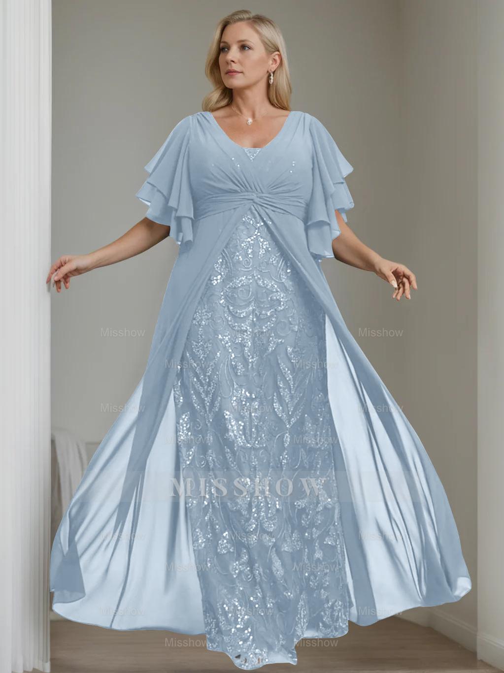Plus Size Floor-Length Mother of the Bride A-Line Dress with V-Neck and Half Sleeves