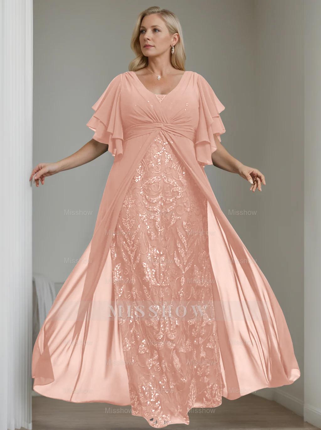 Plus Size Floor-Length Mother of the Bride A-Line Dress with V-Neck and Half Sleeves