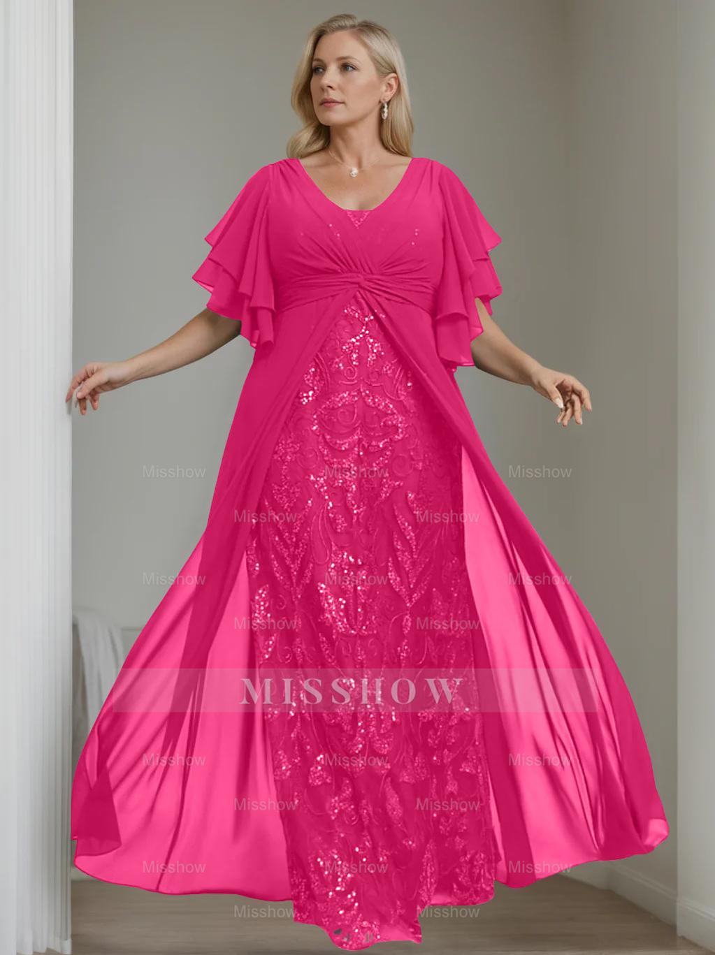 Plus Size Floor-Length Mother of the Bride A-Line Dress with V-Neck and Half Sleeves
