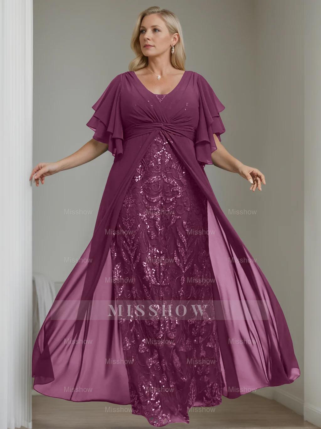 Plus Size Floor-Length Mother of the Bride A-Line Dress with V-Neck and Half Sleeves