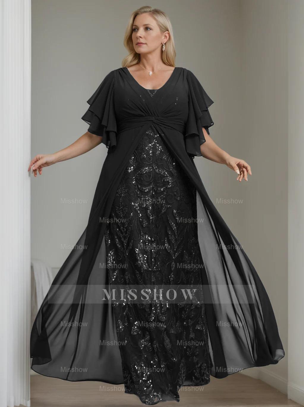 Plus Size Floor-Length Mother of the Bride A-Line Dress with V-Neck and Half Sleeves