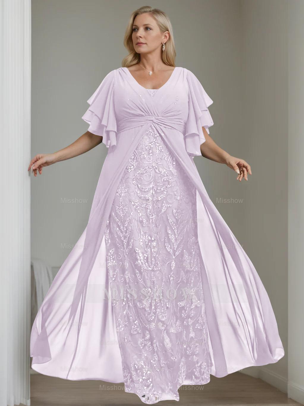 Plus Size Floor-Length Mother of the Bride A-Line Dress with V-Neck and Half Sleeves