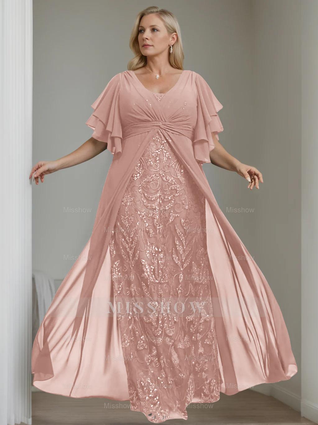 Plus Size Floor-Length Mother of the Bride A-Line Dress with V-Neck and Half Sleeves