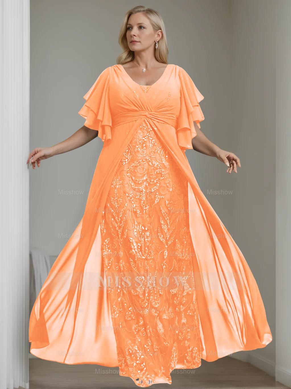 Plus Size Floor-Length Mother of the Bride A-Line Dress with V-Neck and Half Sleeves