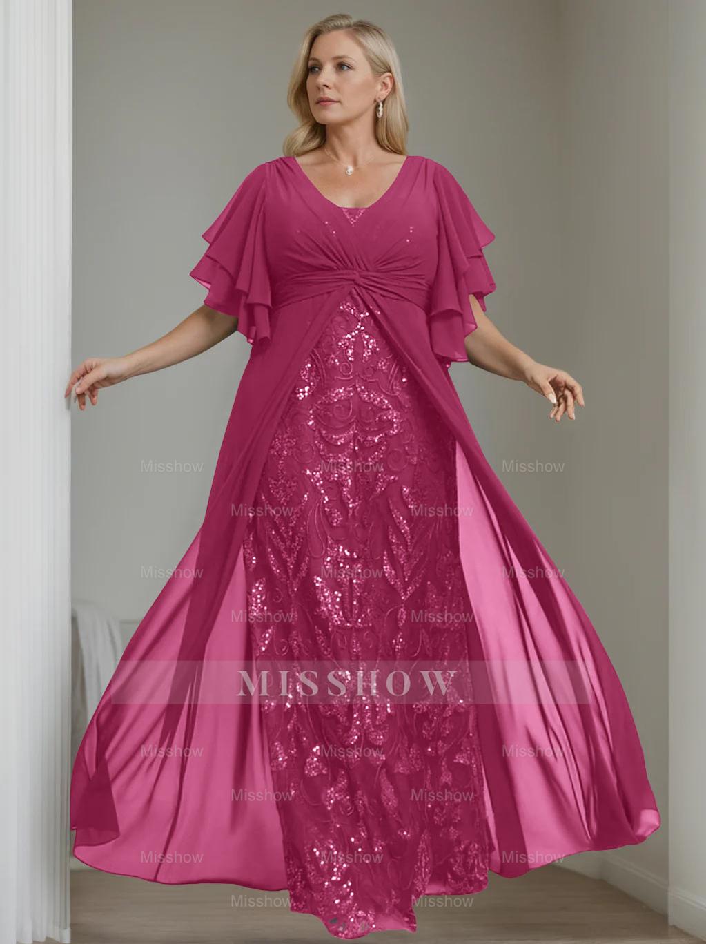 Plus Size Floor-Length Mother of the Bride A-Line Dress with V-Neck and Half Sleeves