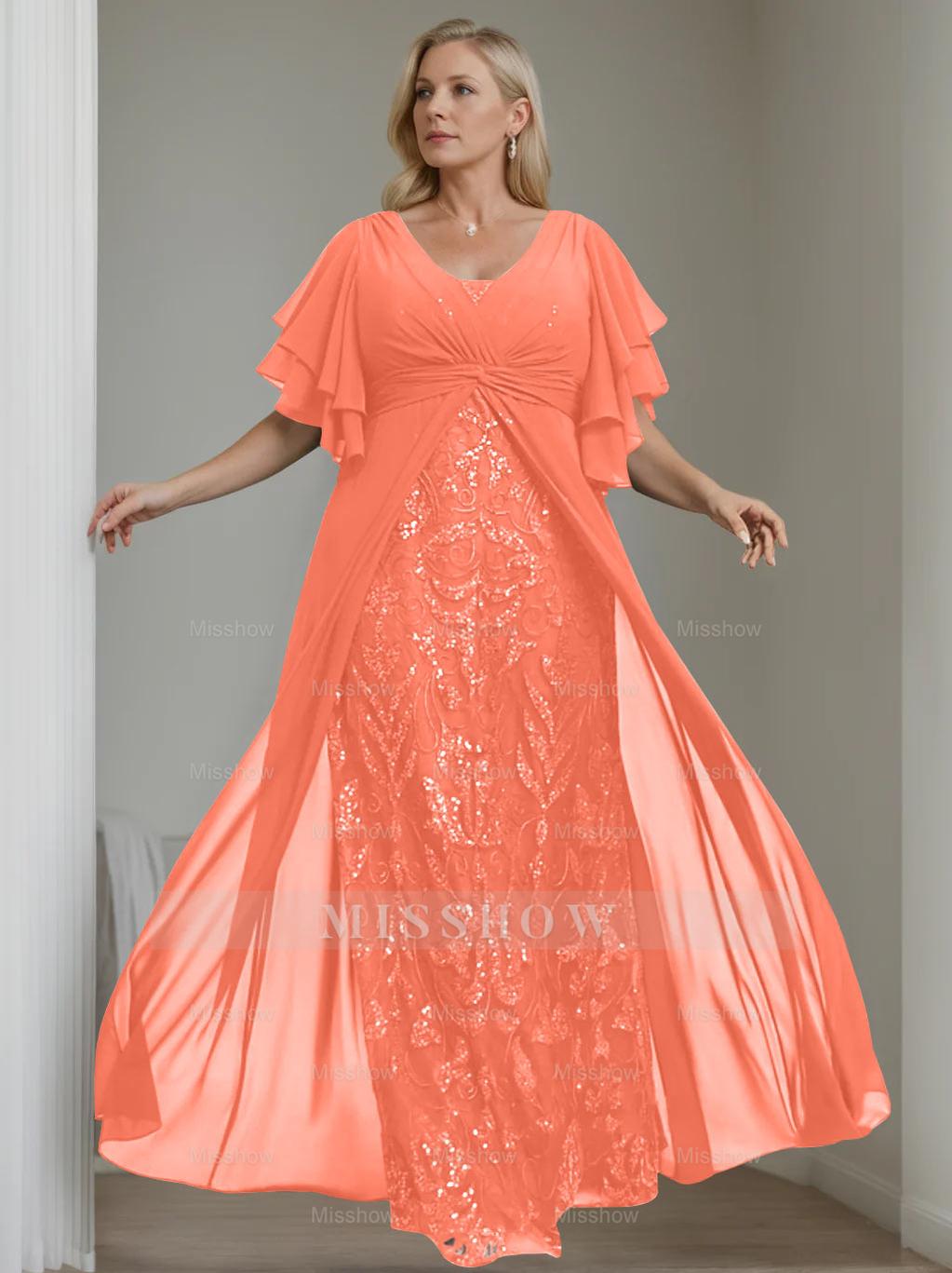 Plus Size Floor-Length Mother of the Bride A-Line Dress with V-Neck and Half Sleeves