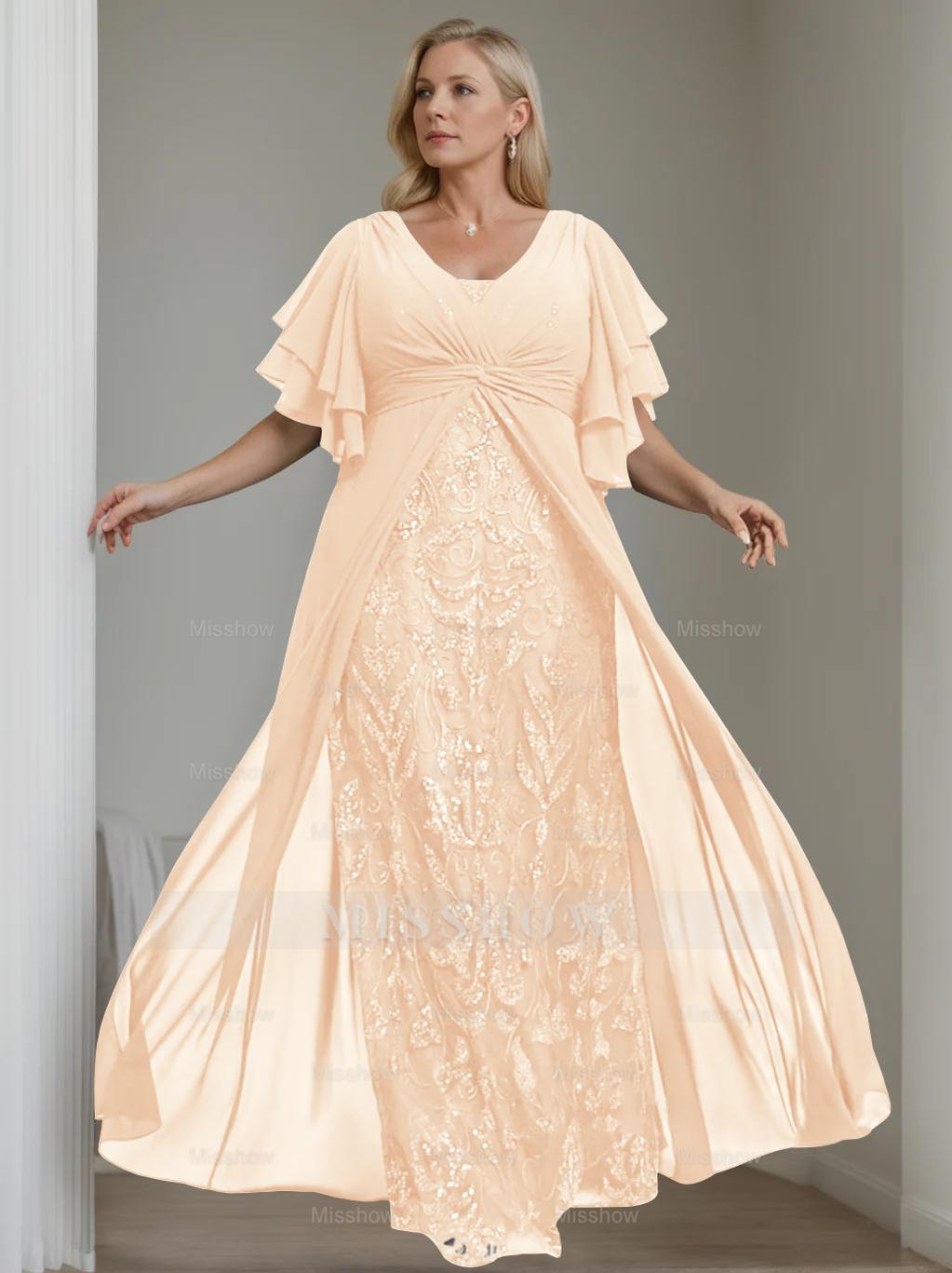 Plus Size Floor-Length Mother of the Bride A-Line Dress with V-Neck and Half Sleeves