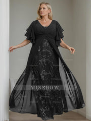 Plus Size Floor-Length Mother of the Bride A-Line Dress with V-Neck and Half Sleeves