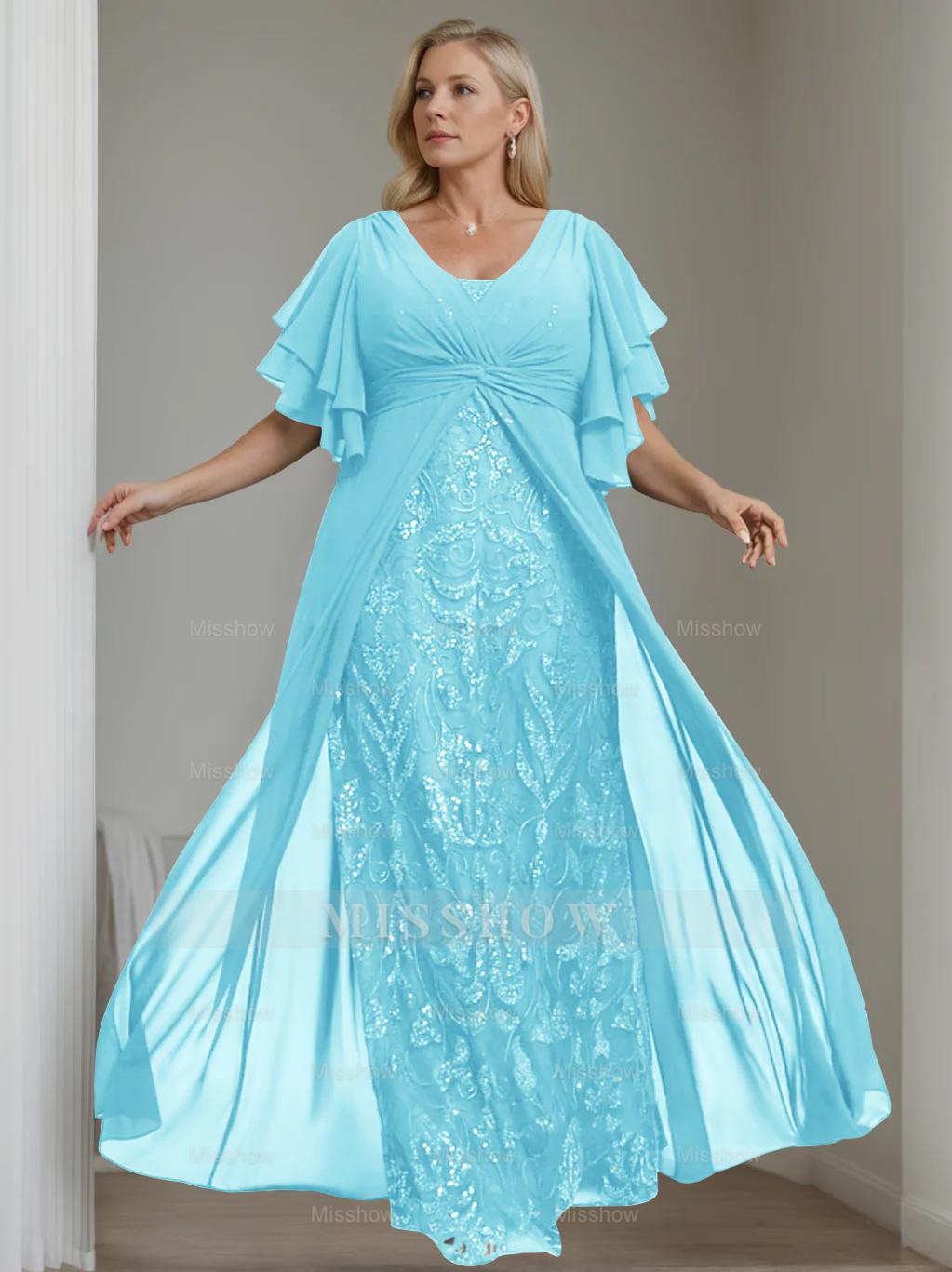 Plus Size Floor-Length Mother of the Bride A-Line Dress with V-Neck and Half Sleeves