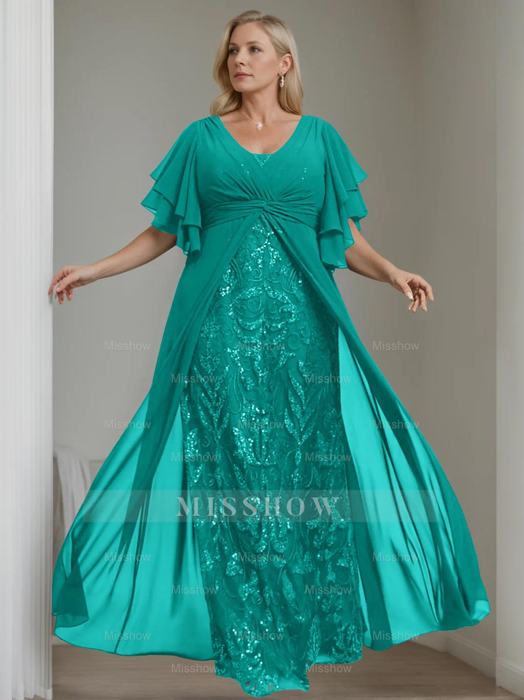 Plus Size Floor-Length Mother of the Bride A-Line Dress with V-Neck and Half Sleeves