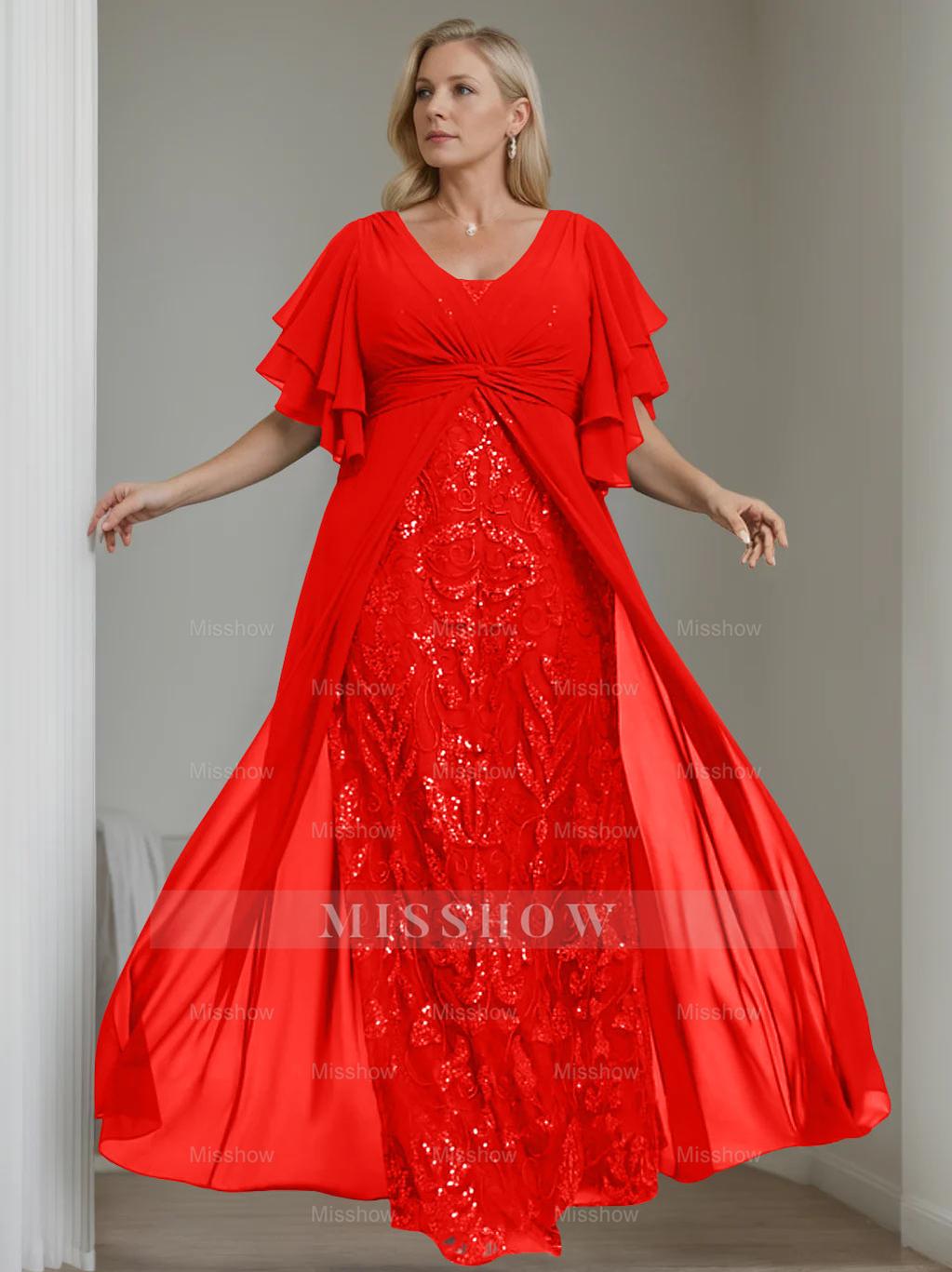 Plus Size Floor-Length Mother of the Bride A-Line Dress with V-Neck and Half Sleeves