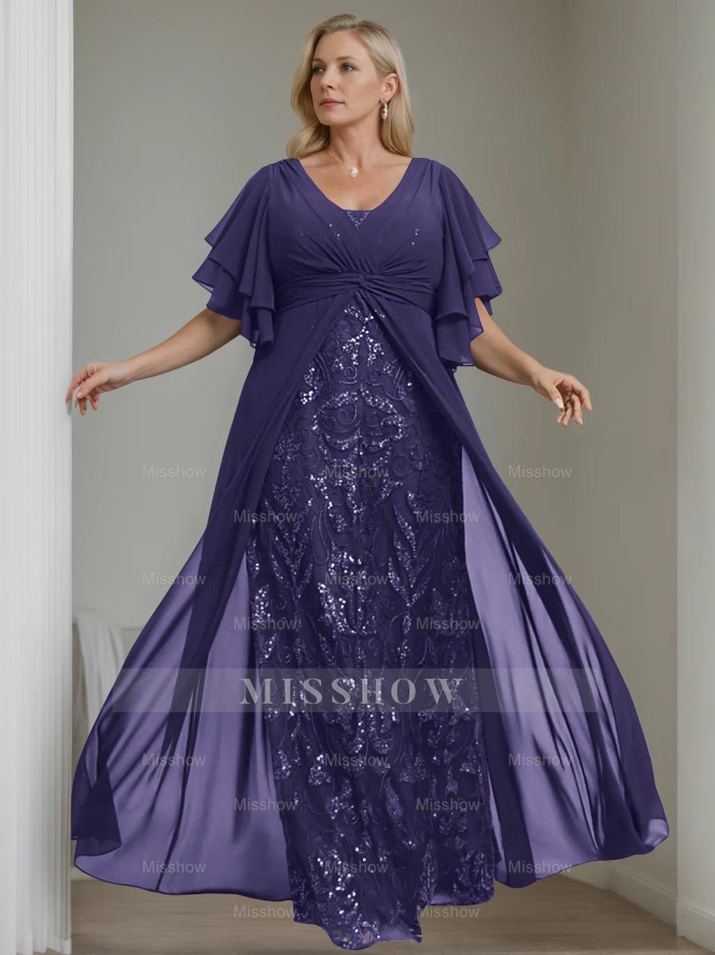 Plus Size Floor-Length Mother of the Bride A-Line Dress with V-Neck and Half Sleeves