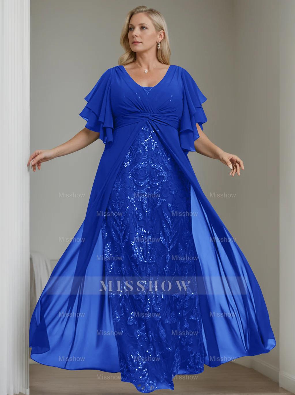 Plus Size Floor-Length Mother of the Bride A-Line Dress with V-Neck and Half Sleeves