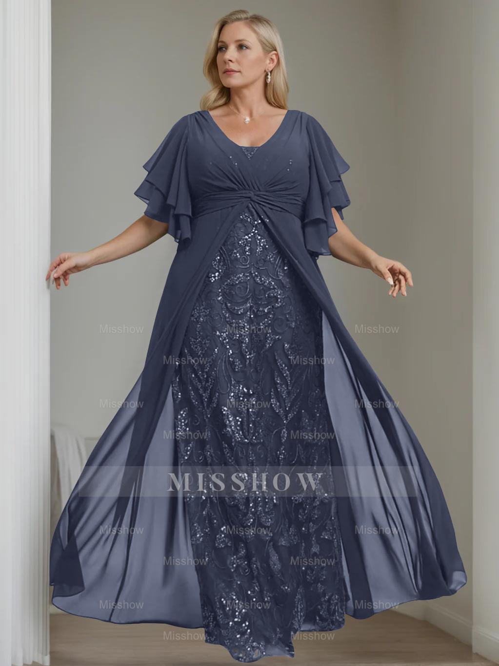 Plus Size Floor-Length Mother of the Bride A-Line Dress with V-Neck and Half Sleeves