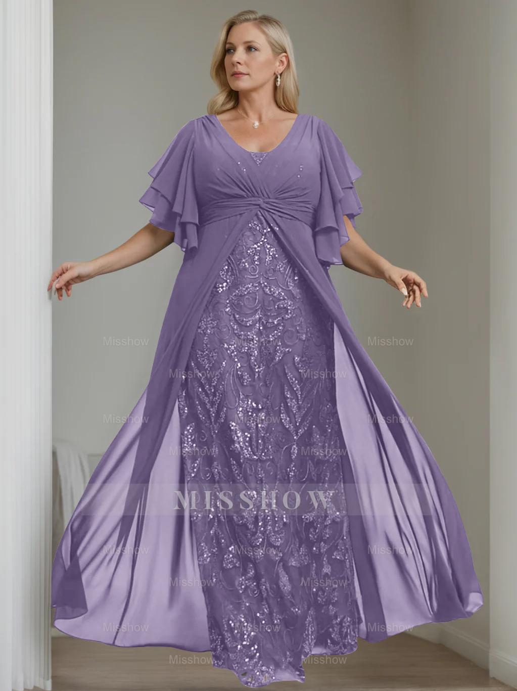 Plus Size Floor-Length Mother of the Bride A-Line Dress with V-Neck and Half Sleeves