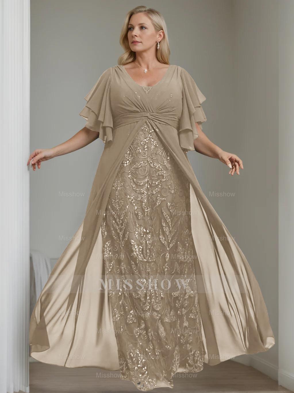 Plus Size Floor-Length Mother of the Bride A-Line Dress with V-Neck and Half Sleeves