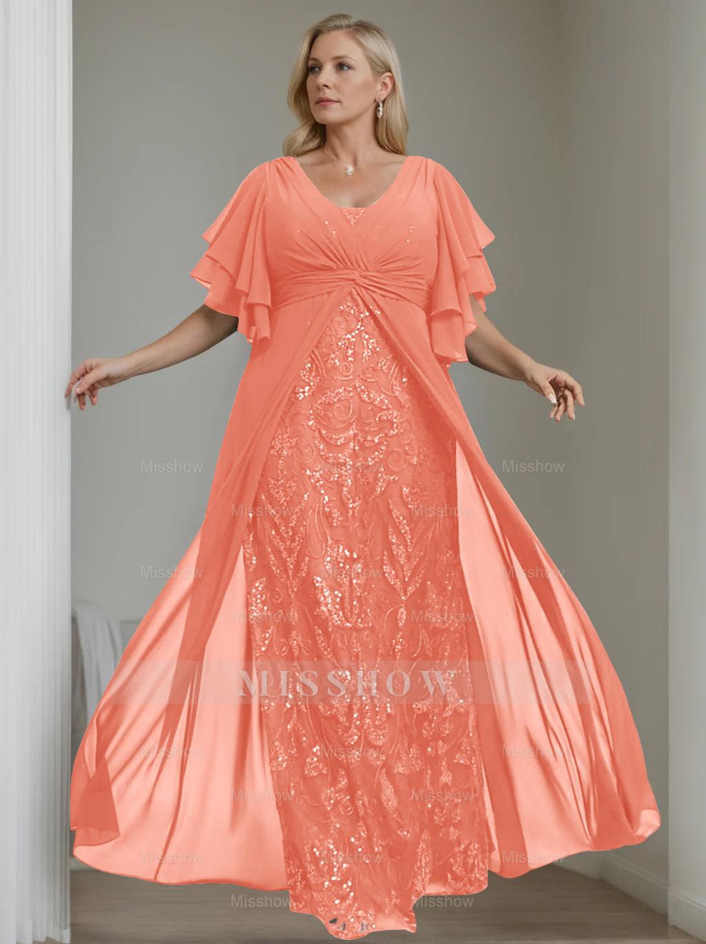 Plus Size Floor-Length Mother of the Bride A-Line Dress with V-Neck and Half Sleeves