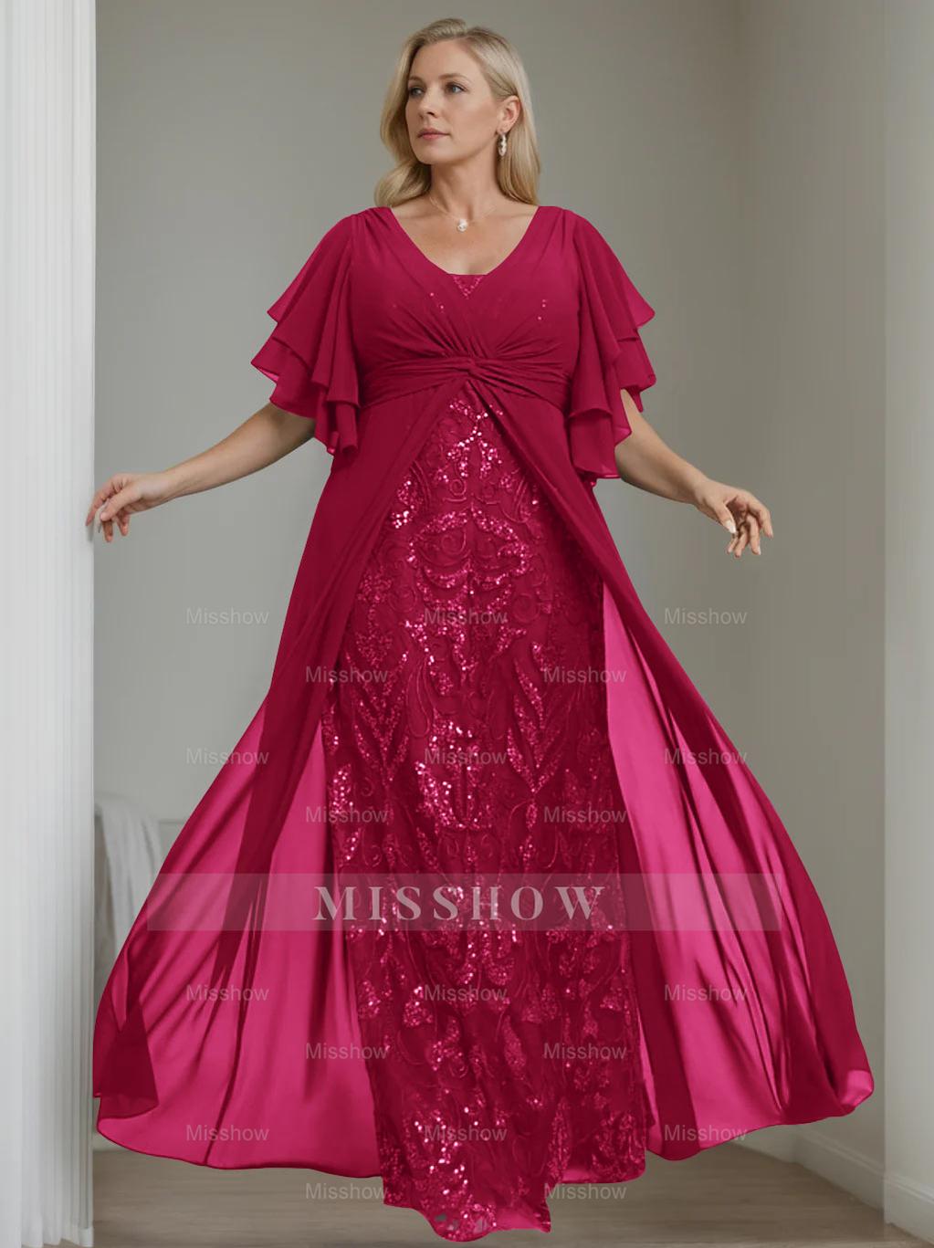 Plus Size Floor-Length Mother of the Bride A-Line Dress with V-Neck and Half Sleeves