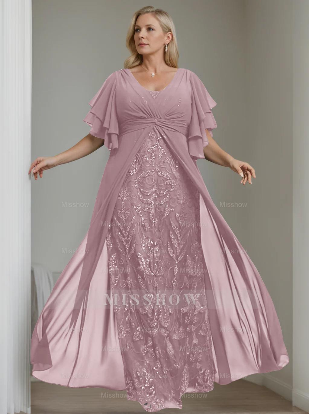 Plus Size Floor-Length Mother of the Bride A-Line Dress with V-Neck and Half Sleeves